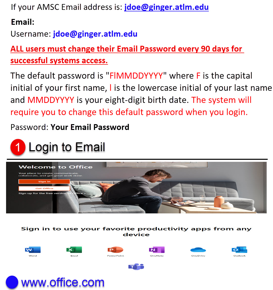 Screenshot showing the AMSC student email sign-in page