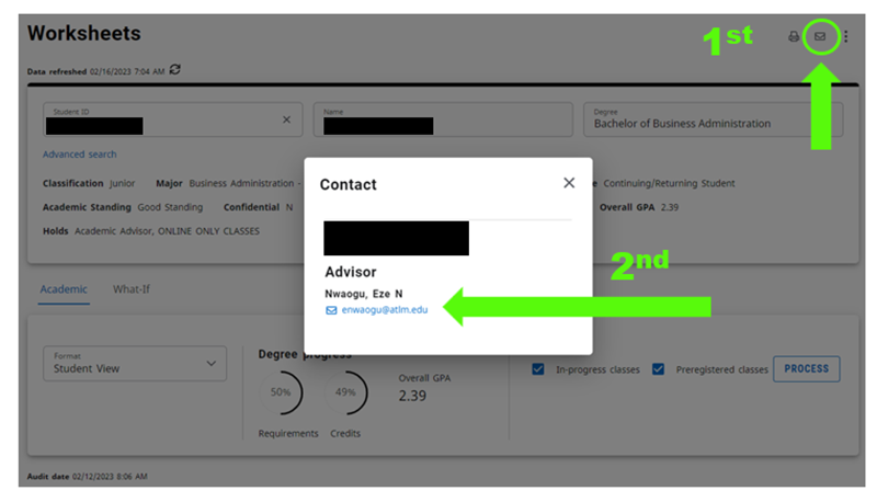 Dashboard image view of where to find your Academic Advisor