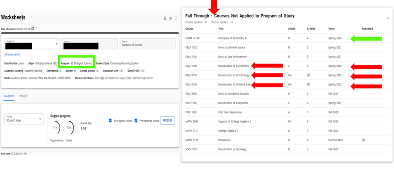 Screenshot of the courses that are not a part of your major