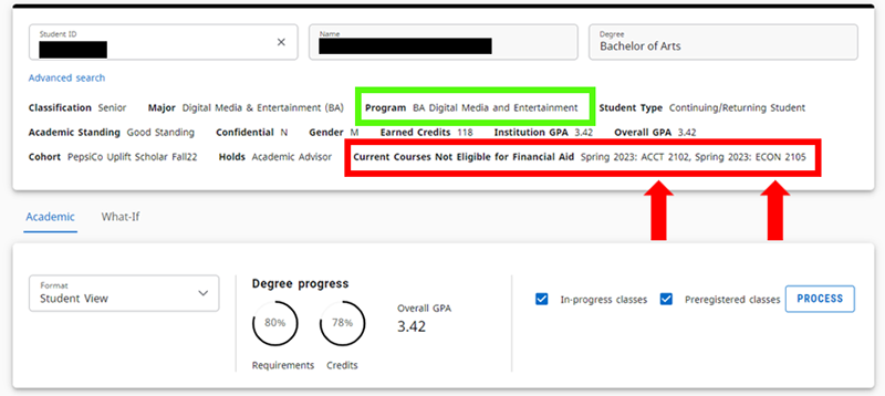 Dashboard image view of where to find your current major