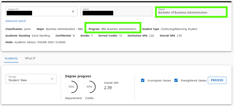 Dashboard image view of declared major
