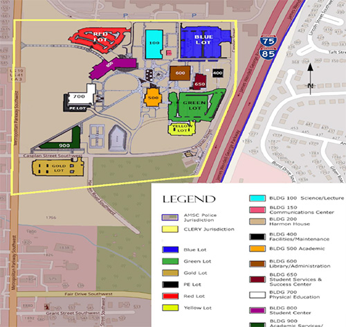 A map that marks the AMSC Clery jurisdiction area